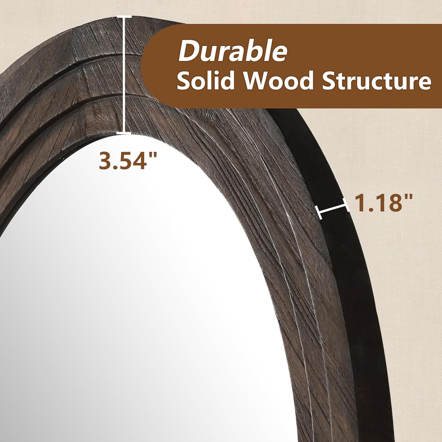 Wooden arch with measurements and 'Durable Solid Wood Structure' label on a beige background
