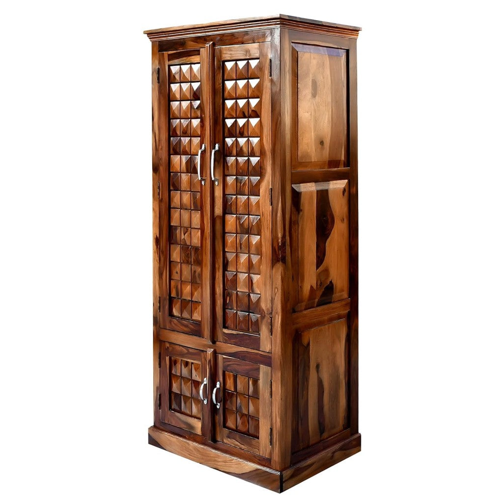 Solid Sheesham Wood 4-Door Wardrobe with Diamond Cut Design – Almirah with 4 Shelves & 2 Drawers (Natural Honey Oak)