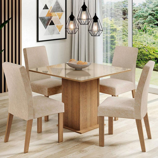 4-Seater Dining Set with Square Glass Table Top, Sturdy Wooden Frame,