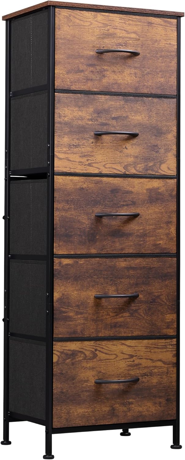 Wooden dresser with five drawers and metal accents on a plain background