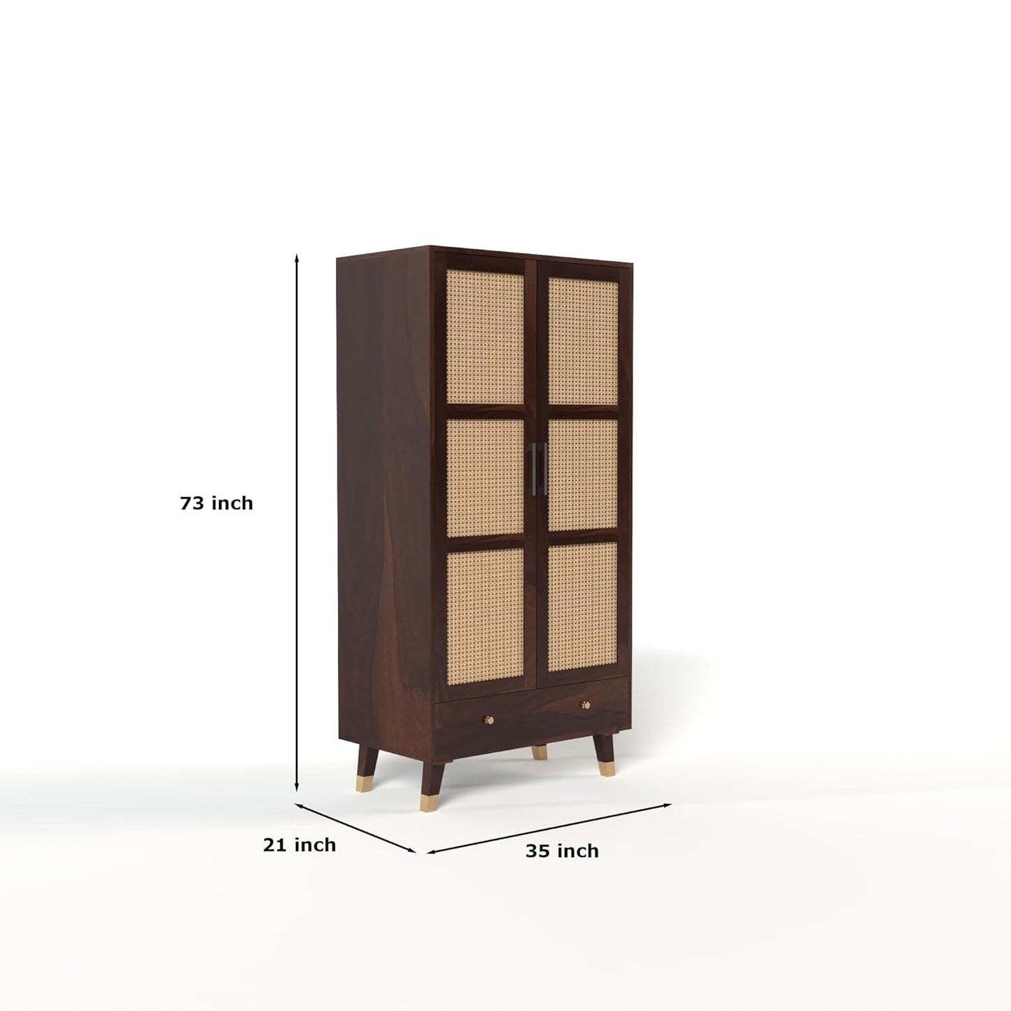 Wooden cabinet with rattan doors and dimensions on a white background