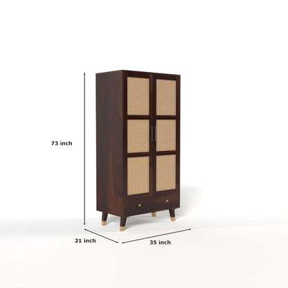 Wooden cabinet with rattan doors and dimensions on a white background