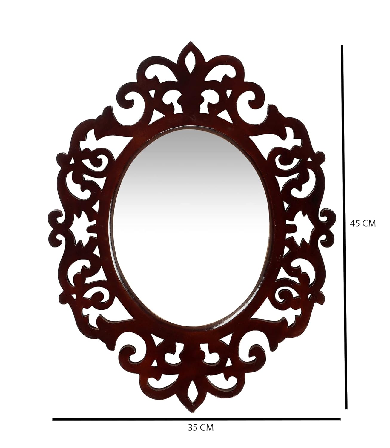 Decorative oval mirror with intricate brown frame on a white background