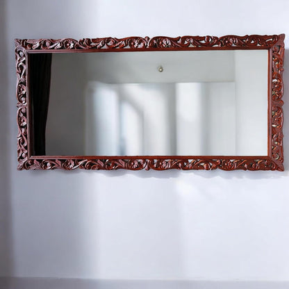 Full-Length Carved Wooden Mirror – 6x3 FT Rectangular Floor Standing or Wall-Mount Frame, Walnut Finish