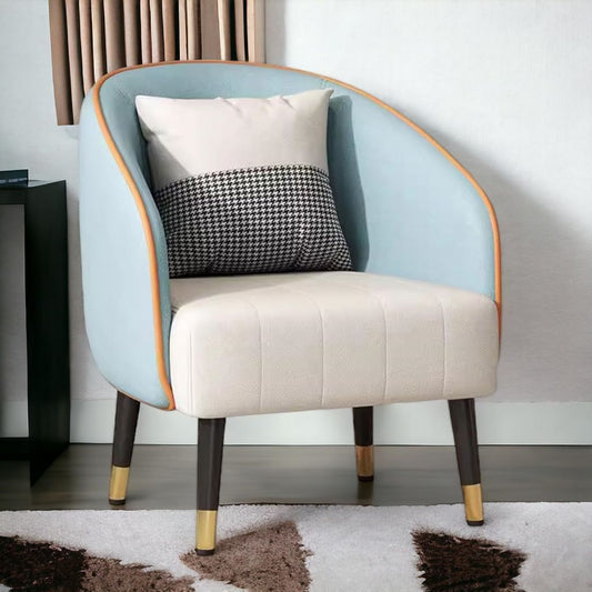 Modern armchair with light blue backrest and white seat, featuring two pillows, in a room setting.
