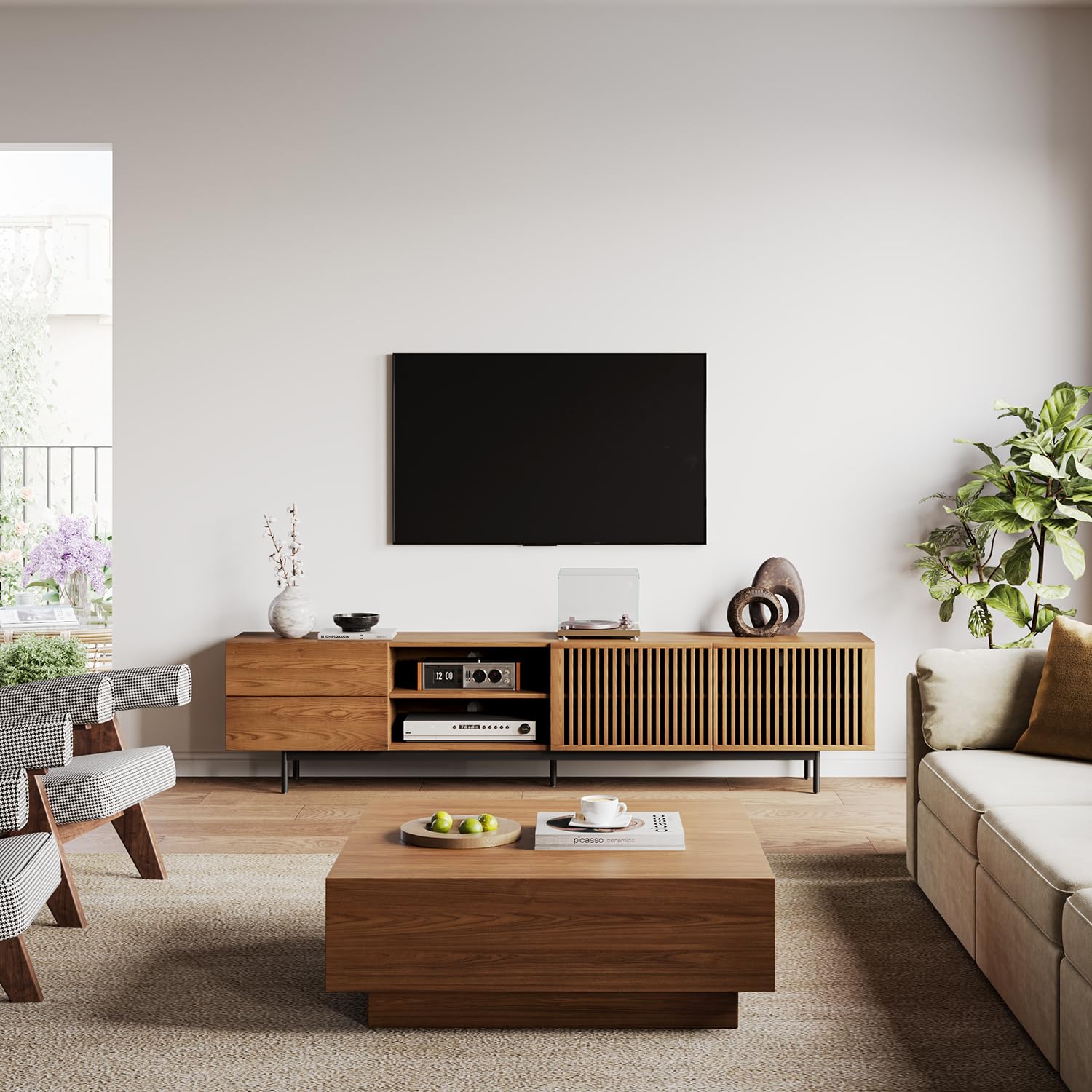 Modern living room with wooden TV stand, coffee table, and sofa.