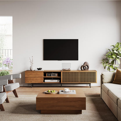 Modern living room with wooden TV stand, coffee table, and sofa.