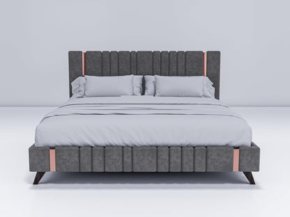 Modern Upholstered King Size Bed – Sheesham Solid Wood Double Platform Bed with Premium Fabric Upholstery for Bedroom (6.5 x 6 ft, Brown/Dark Grey with Copper Line)