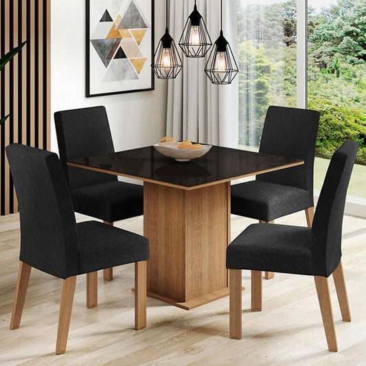 4-Seater Dining Set with Square Glass Table Top, Sturdy Wooden Frame, Fully Cushioned Seats – 90 cm, Brown/Black