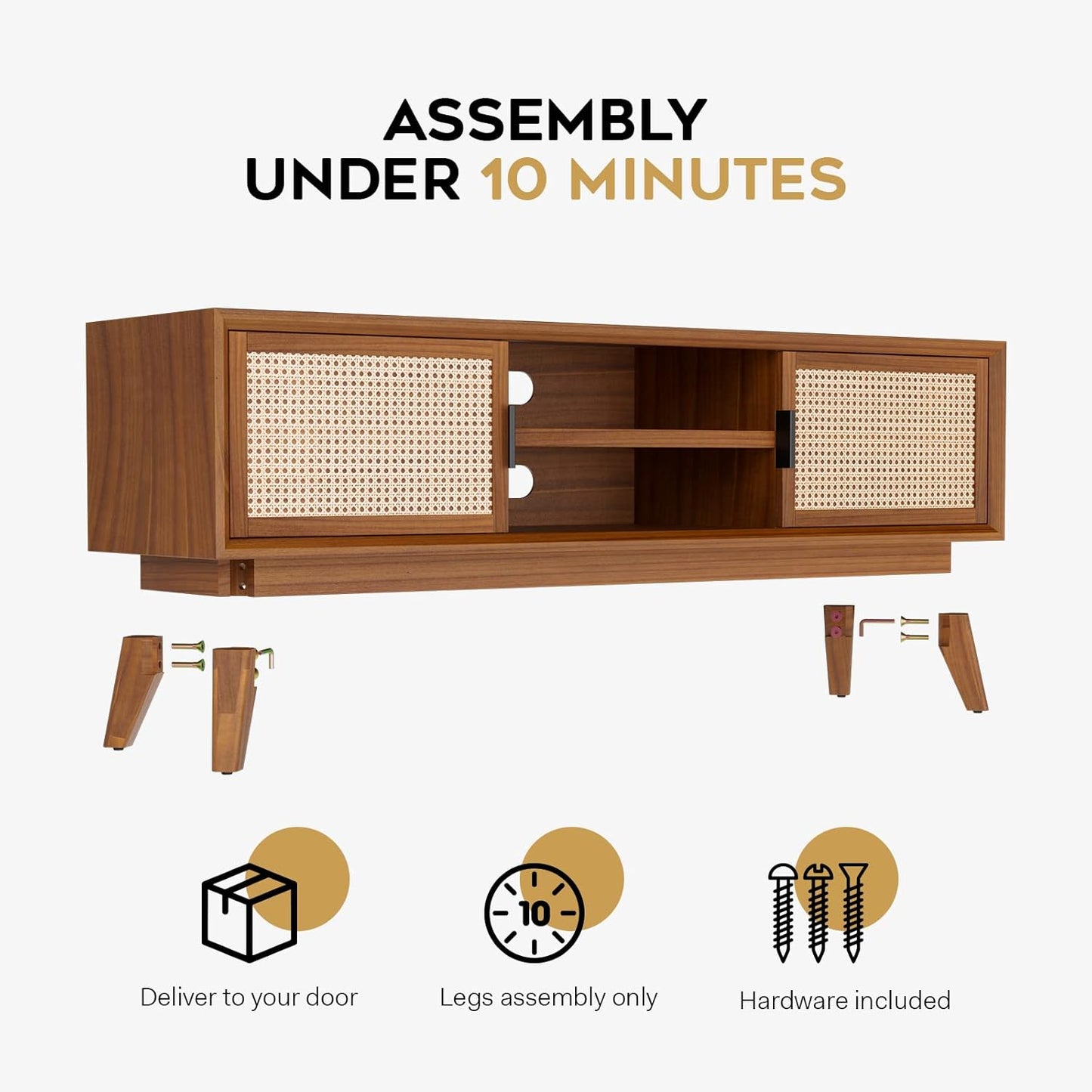 Wooden TV stand with assembly instructions and icons on a white background