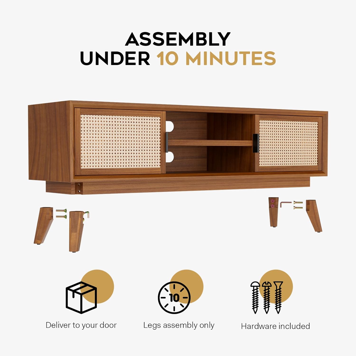 Wooden TV stand with assembly instructions and icons on a white background
