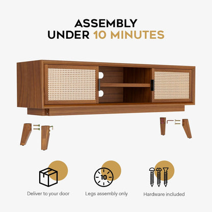 Wooden TV stand with assembly instructions and icons on a white background