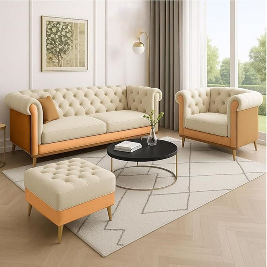Modern living room with beige sofa, armchair, and ottoman on a light wood floor.