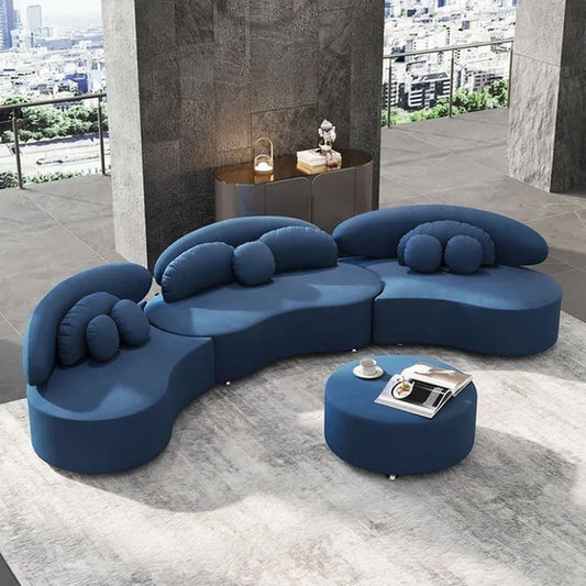 Modern blue sofa set in a stylish room with city view