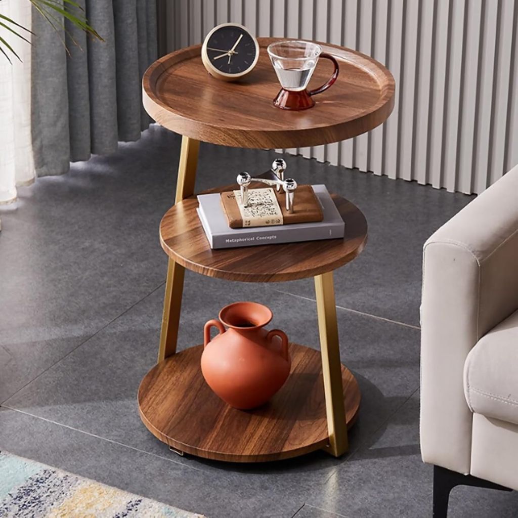 Wooden side table with decorative items in a living room setting