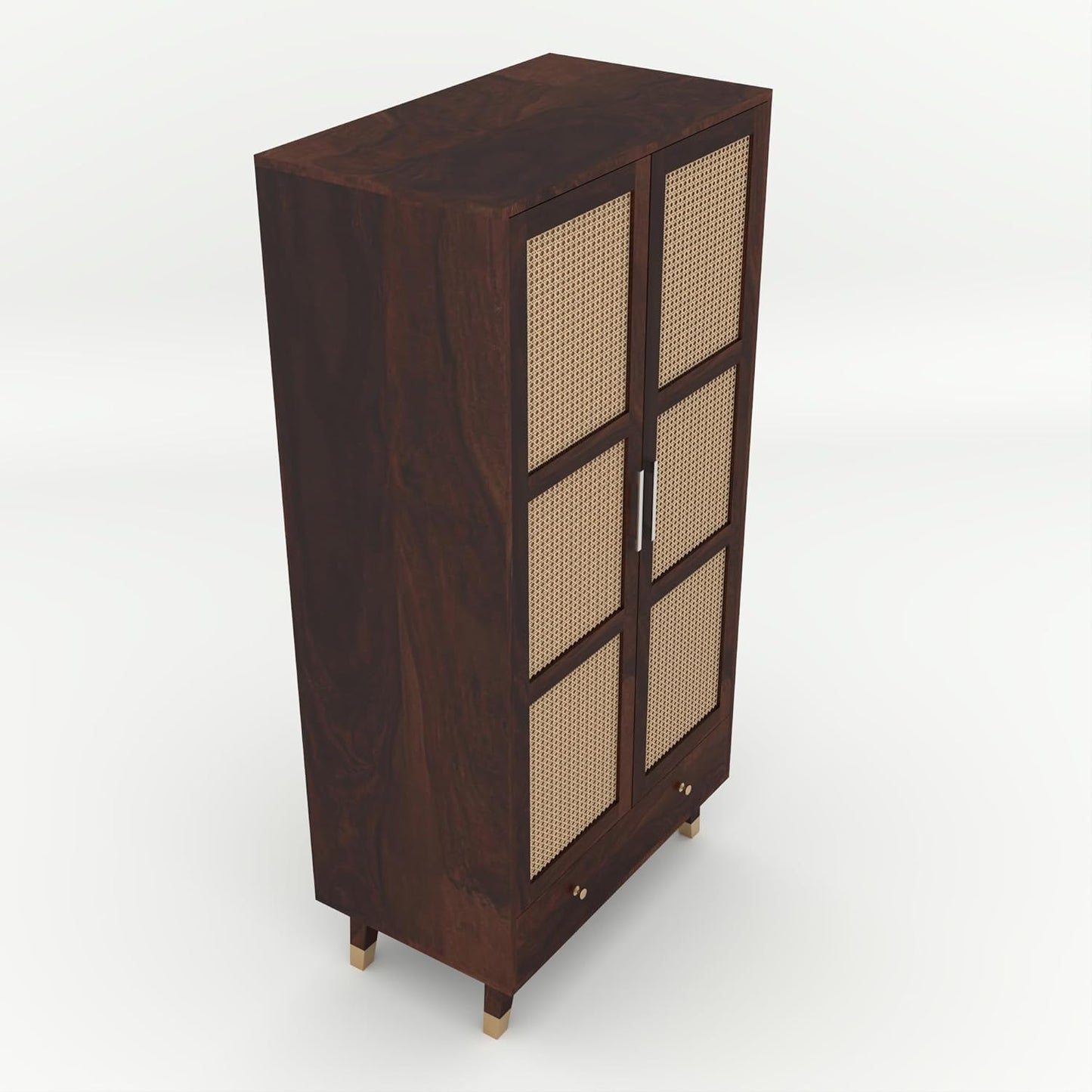 Wooden cabinet with wicker doors on a white background