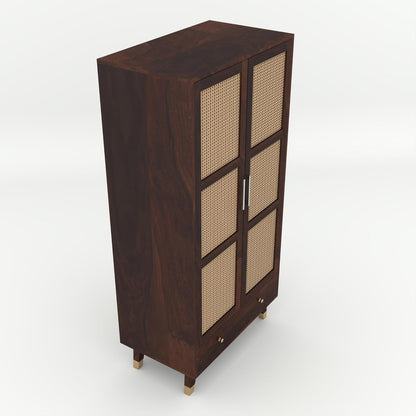 Wooden cabinet with wicker doors on a white background