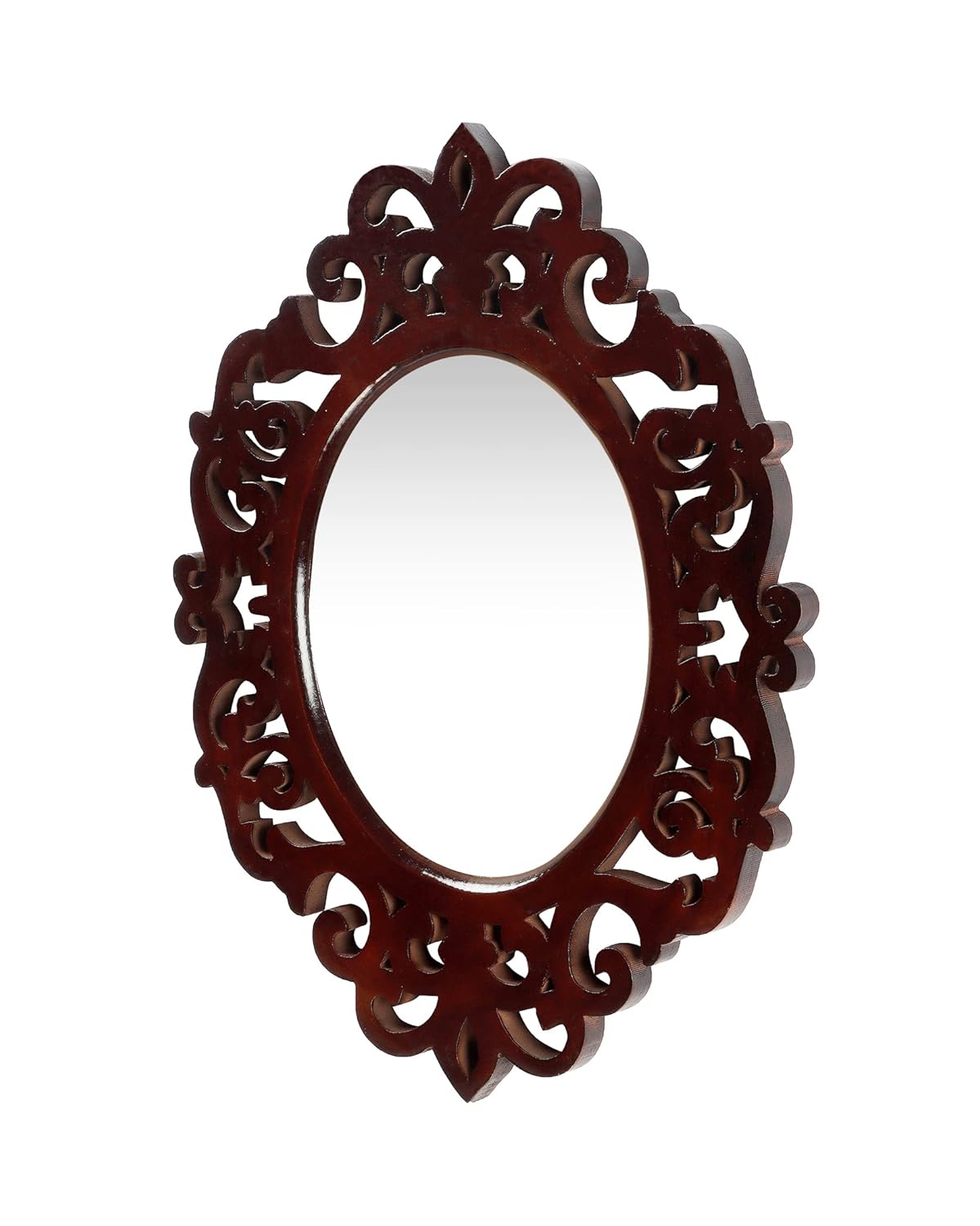 Decorative oval mirror with intricate brown frame on a white background