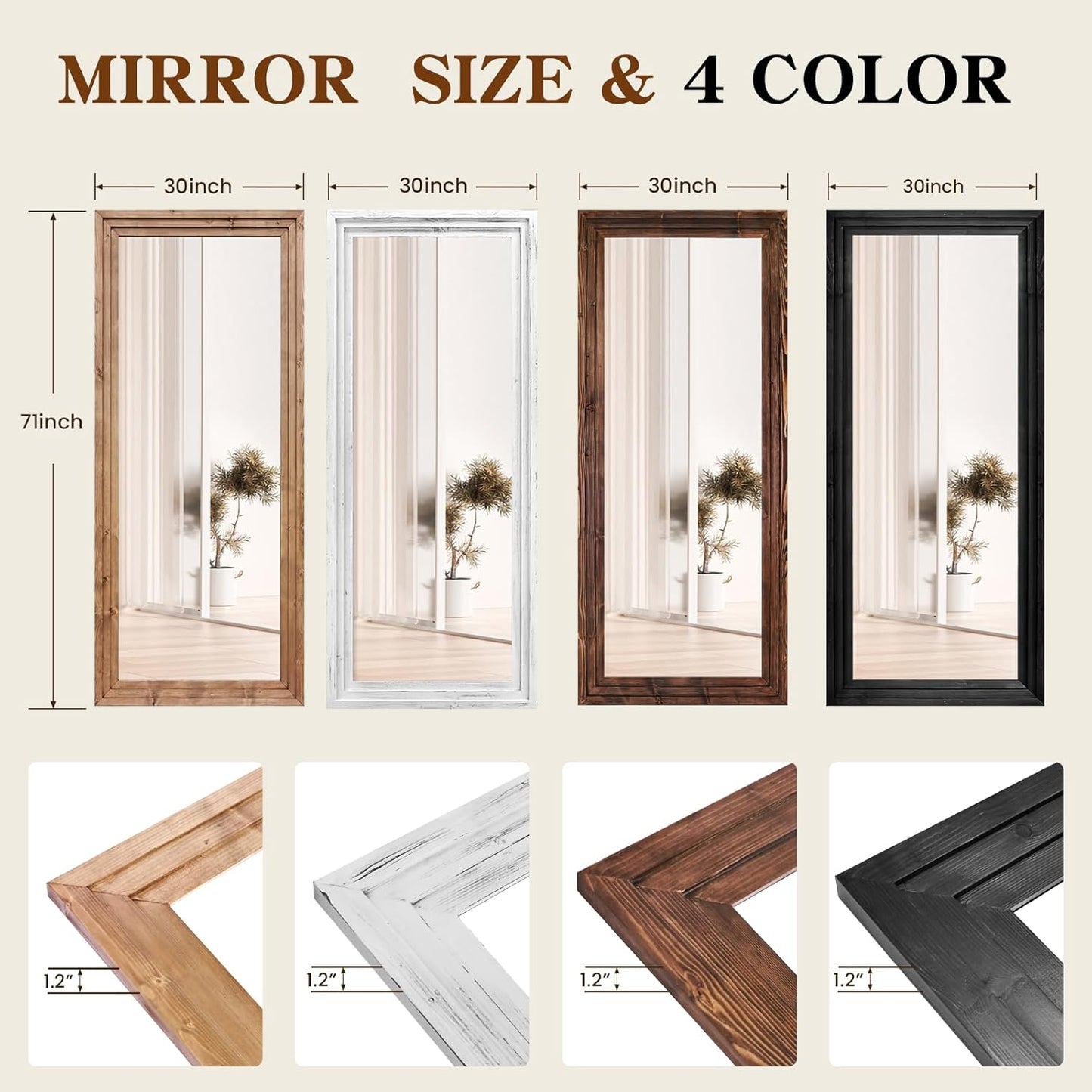 71"x30" Solid Wood Frame Floor Large Mirror for Living Room