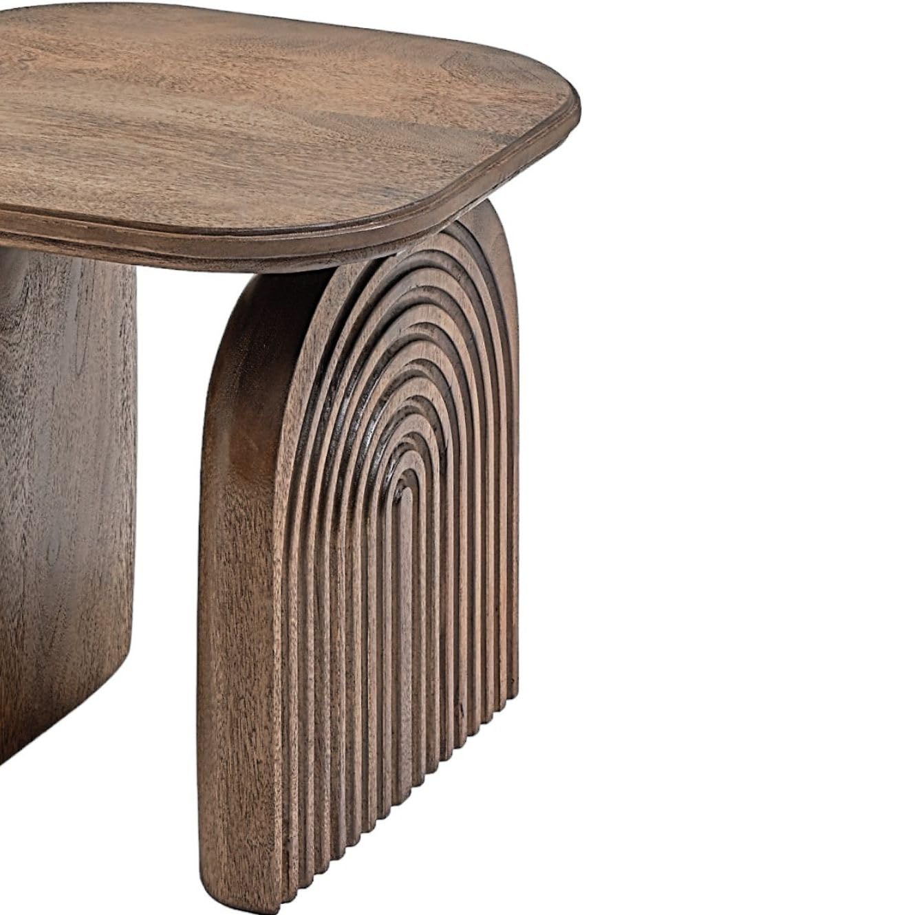 Wooden side table with unique arch-shaped legs on a white background