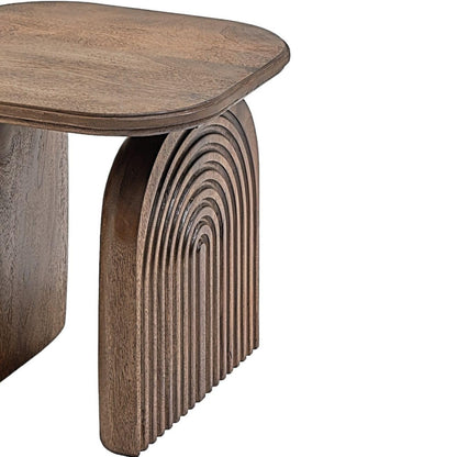 Wooden side table with unique arch-shaped legs on a white background