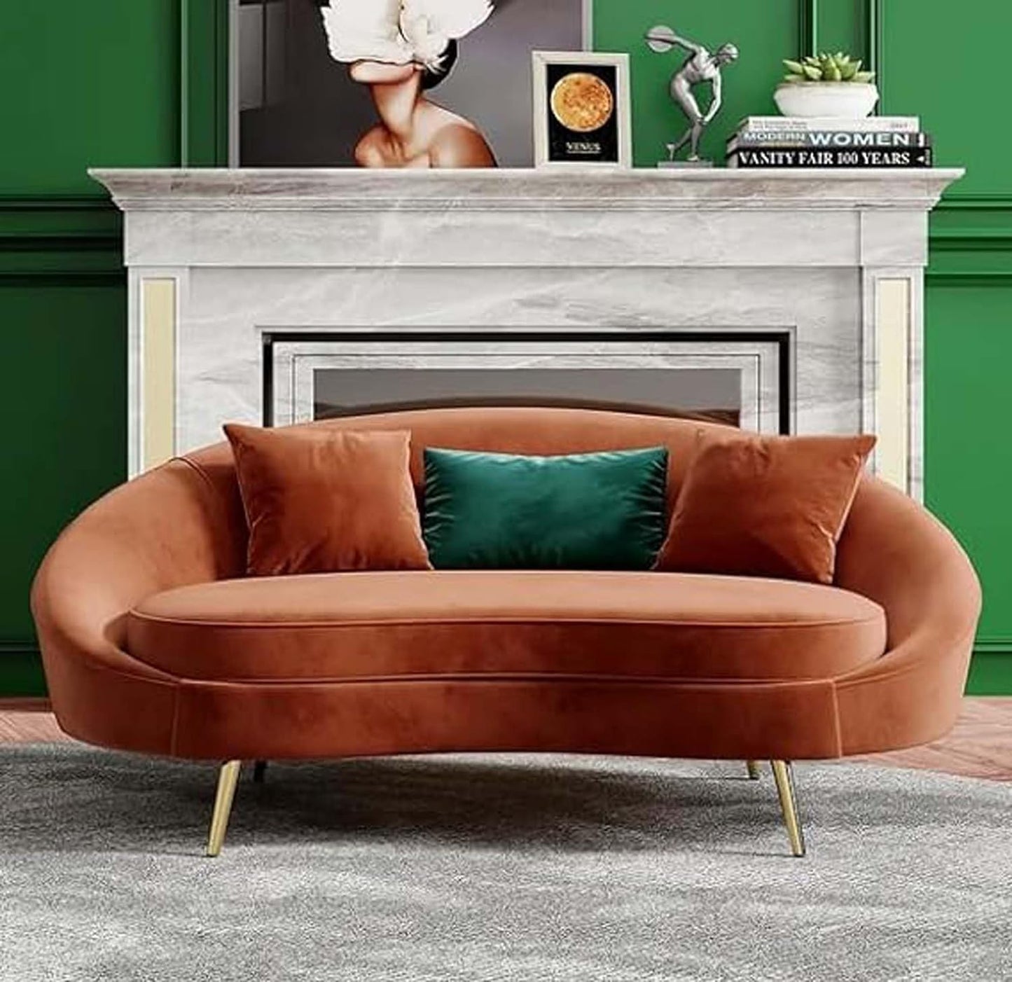 Brown sofa with decorative pillows in a room with a fireplace and green walls.