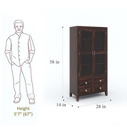 Solid Sheesham Wood Kitchen Cabinet – Crockery Storage Unit with 2 Glass Doors & 4 Drawers (Walnut Finish)