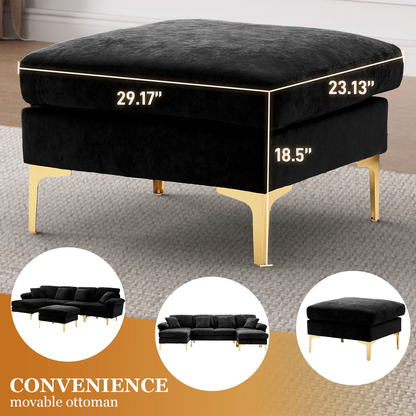 Black ottoman with gold legs and measurements, shown in a living room setting.