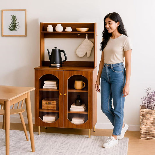 Woman standing next to a wooden cabinet in a room with a table and decor items.