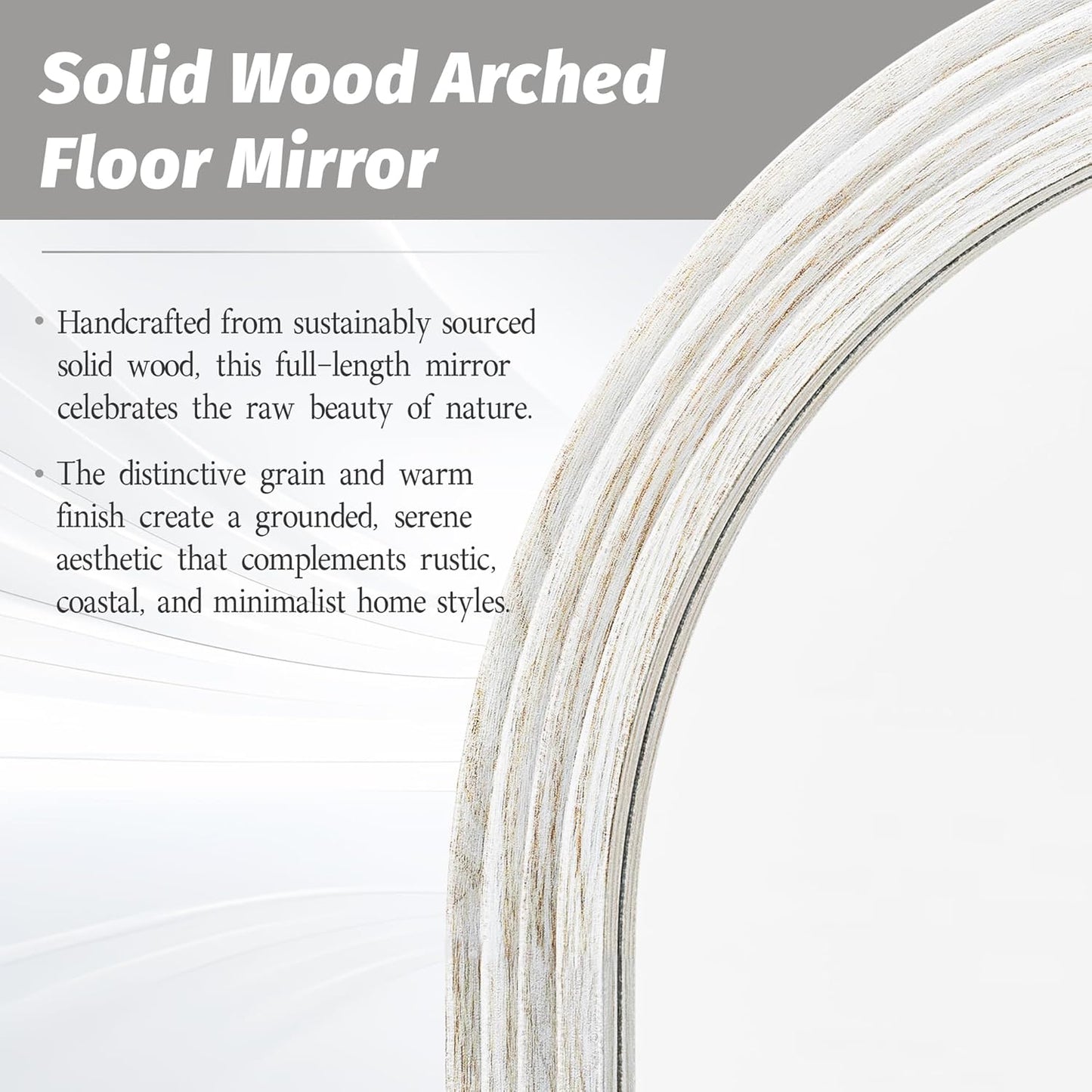 Solid wood arched floor mirror with descriptive text on a light background