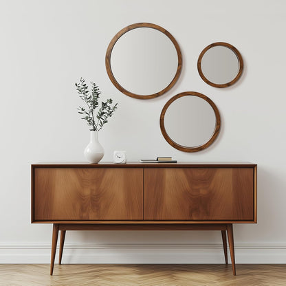 3 Round Wood Wall Mirrors – Natural Wooden Frame, Large & Small Circle Mirror Set