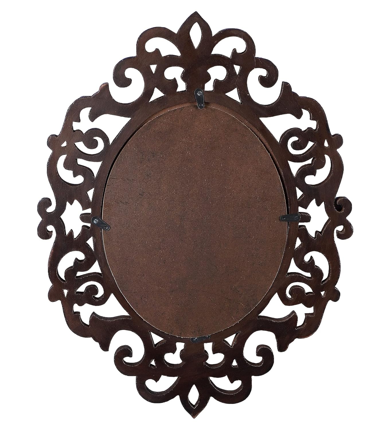 Decorative metal wall mirror with intricate filigree design on a white background