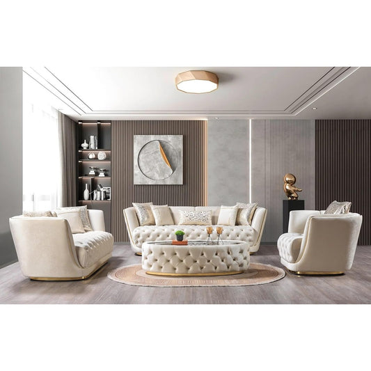 Modern living room with cream-colored furniture and decorative elements.