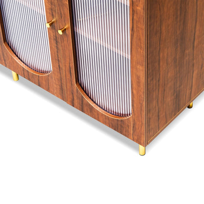 Wooden cabinet with glass panels and gold legs on a white background