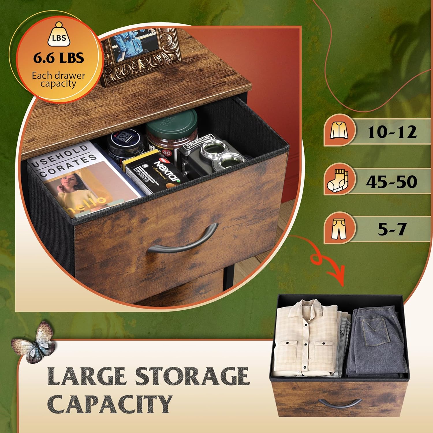 Wooden storage box with large capacity, showing items inside and labeled capacity on a green background.