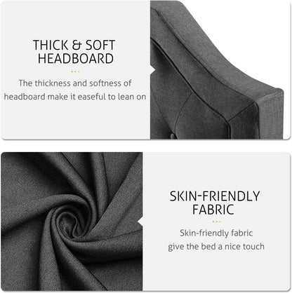 Full Size Upholstered Platform Bed with Curved Rhombic Button-Tufted Headboard – Dark Grey