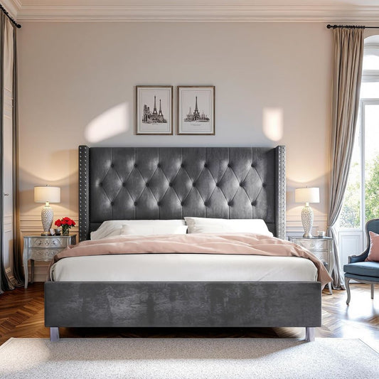 Queen Size Velvet Platform Bed Frame with Tufted Upholstery, Raised Wingback Headboard, Strong Wooden Slats, and Low Profile Design"