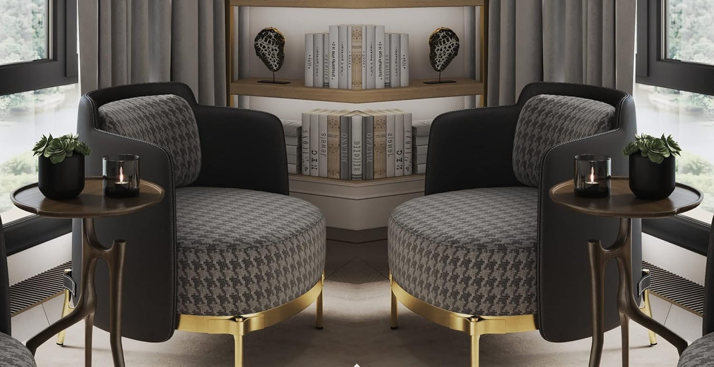Modern living room with patterned armchairs and side tables.