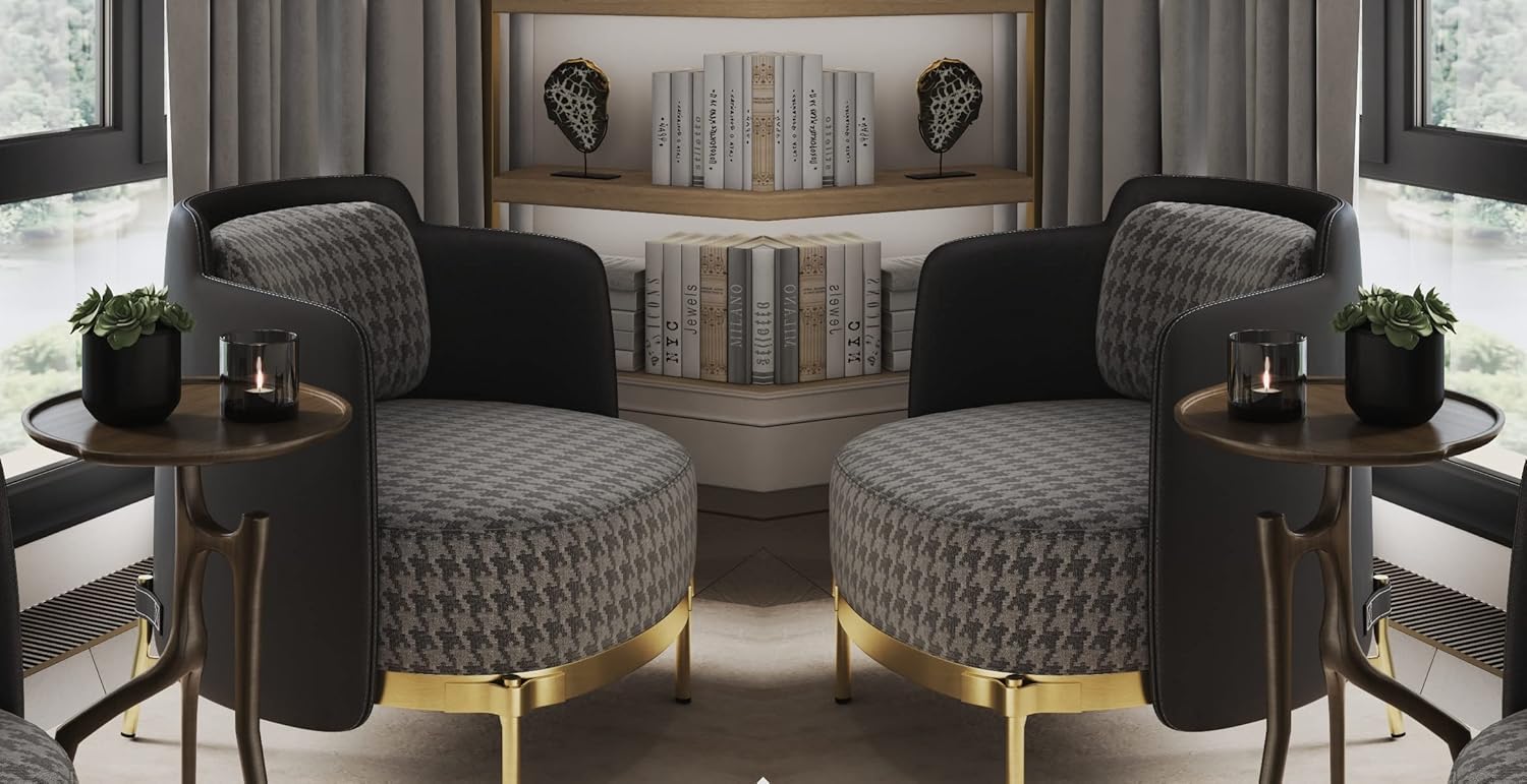 Modern living room with patterned armchairs and side tables.