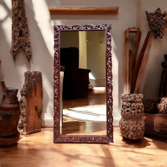 Full-Length Carved Wooden Mirror – 6x3 FT Rectangular Floor Standing or Wall-Mount Frame, Walnut Finish