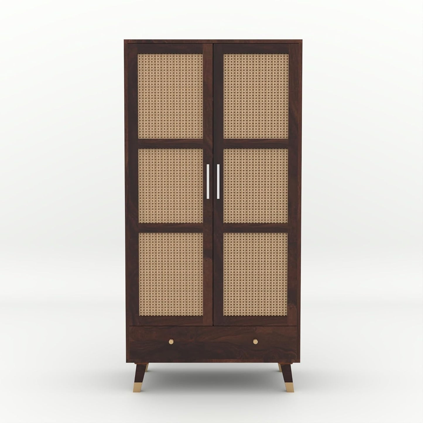 Wooden cabinet with wicker doors on a white background