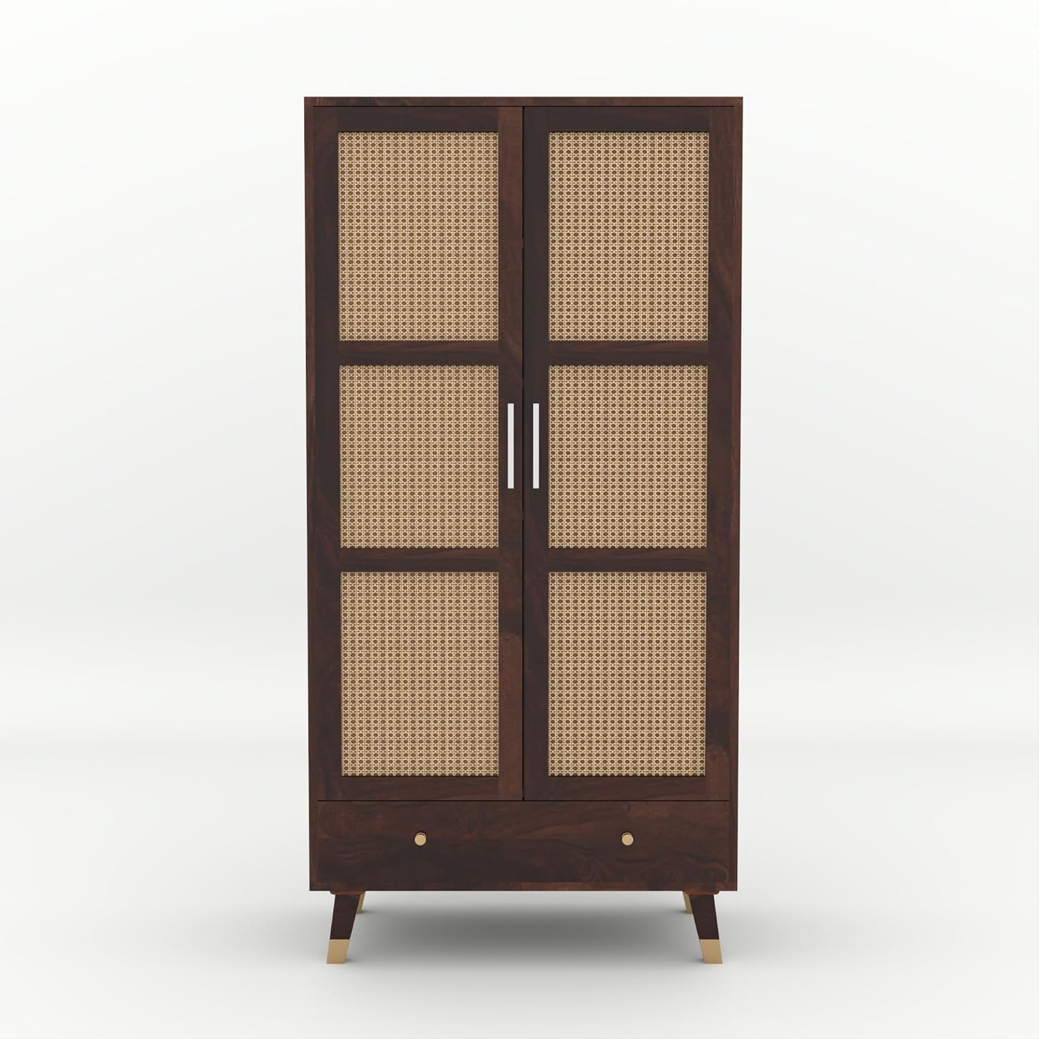 Wooden cabinet with wicker doors on a white background