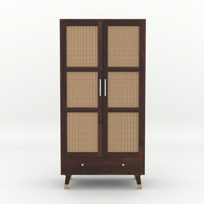 Wooden cabinet with wicker doors on a white background