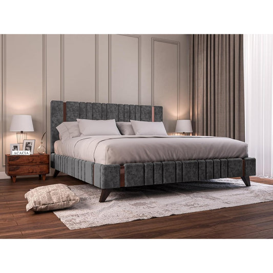 Modern Upholstered King Size Bed – Sheesham Solid Wood Double Platform Bed with Premium Fabric Upholstery for Bedroom (6.5 x 6 ft, Brown/Dark Grey with Copper Line)