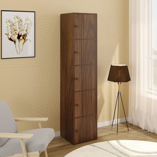 Tall wooden cabinet in a room with a lamp and chair.