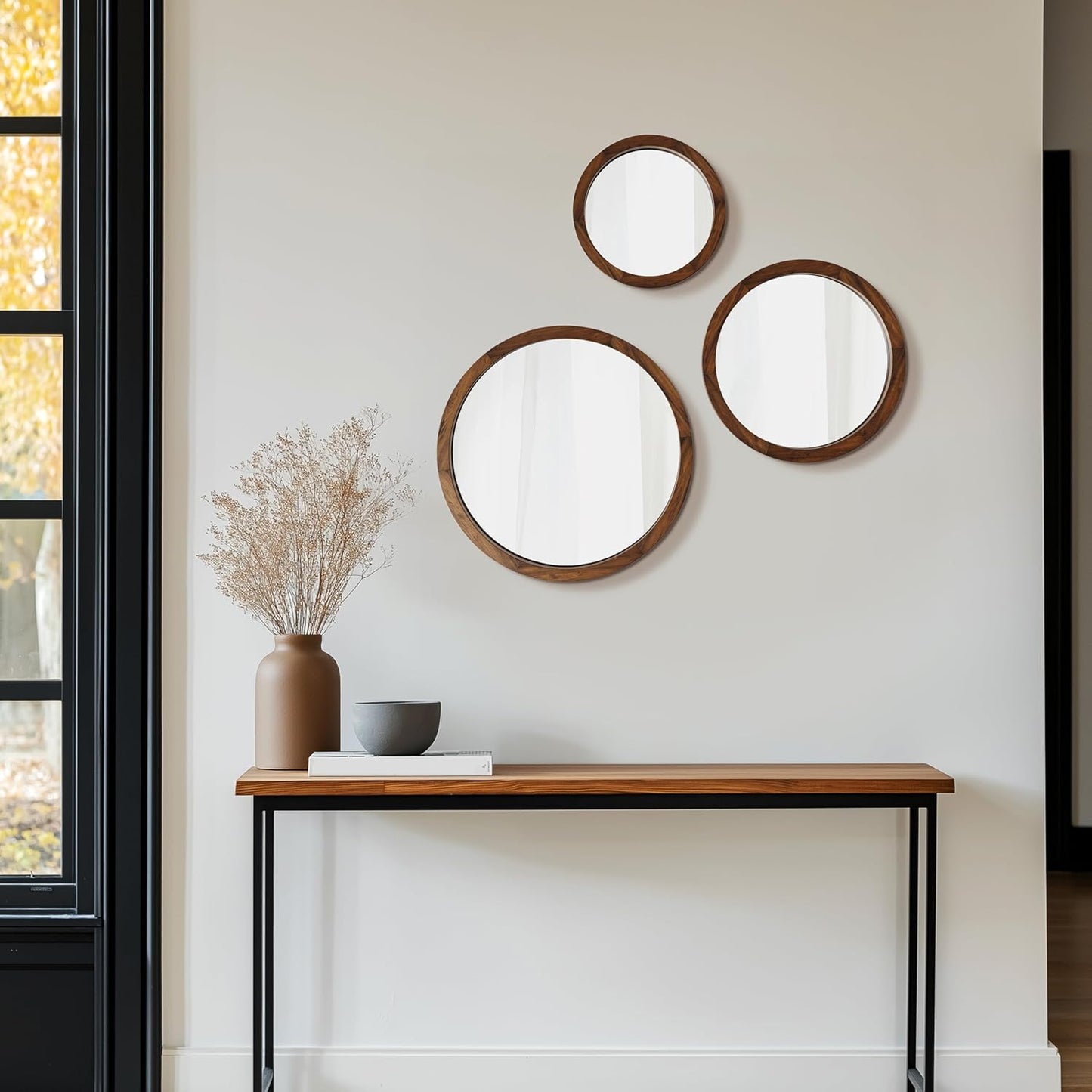 3 Round Wood Wall Mirrors – Natural Wooden Frame, Large & Small Circle Mirror Set