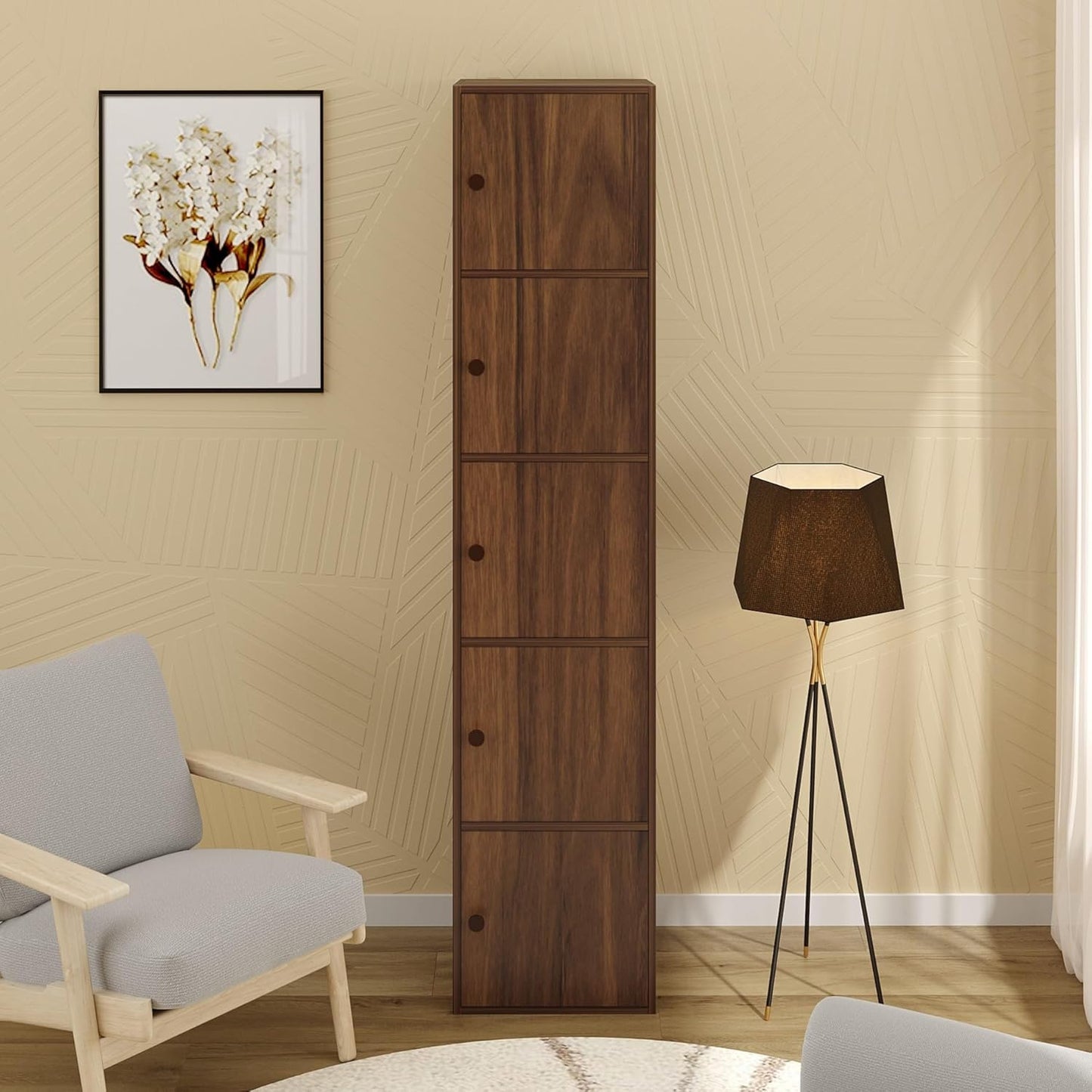 Tall wooden cabinet against a beige wall with a lamp and chair in a room.