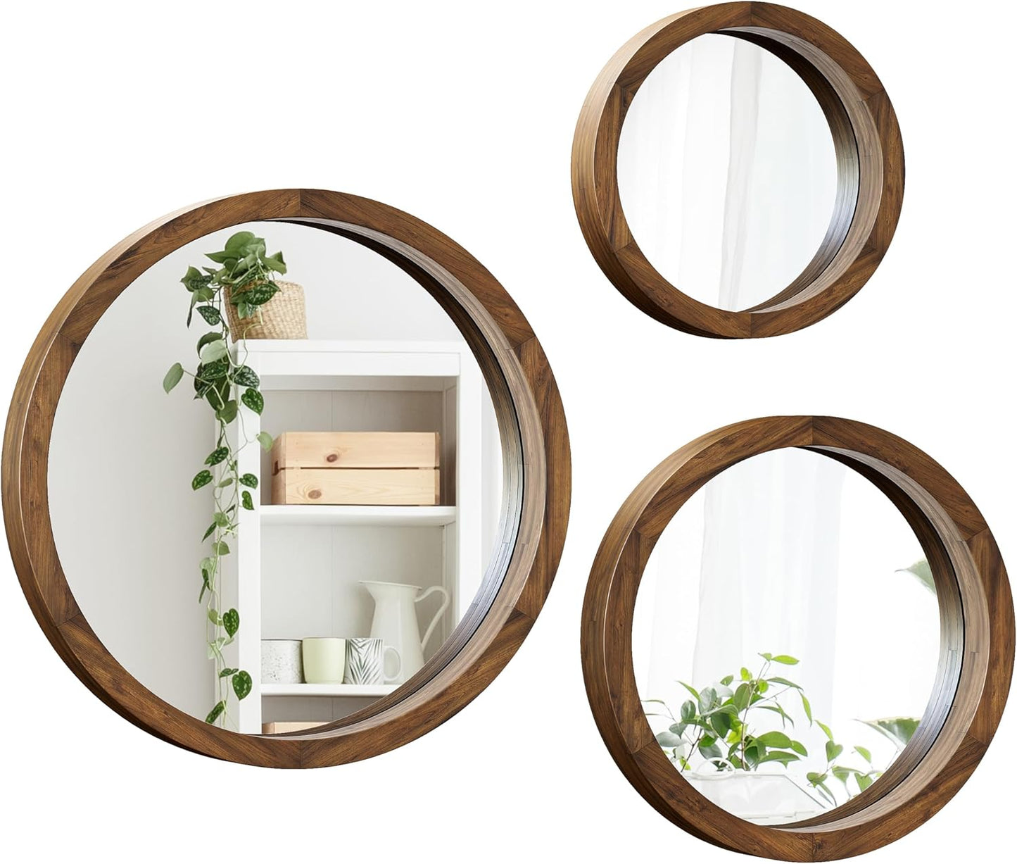3 Round Wood Wall Mirrors – Natural Wooden Frame, Large & Small Circle Mirror Set