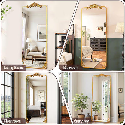 Collage of full-length mirrors in various rooms including living room, bedroom, cloakroom, and entryway.