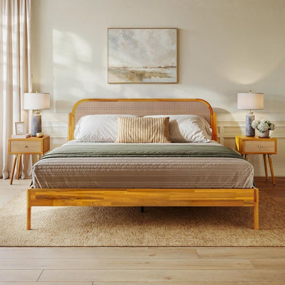King Size Solid Wood Platform Bed Frame with Rattan Headboard, Bohemian & Mid-Century Modern Style